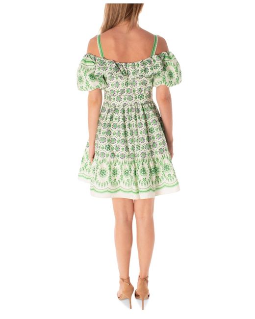 Maison Tara Green Printed Off-the-shoulder Dress