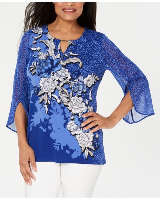 Macy's Blue Jm Collection Petite Embellished Split-sleeve Top, Created For