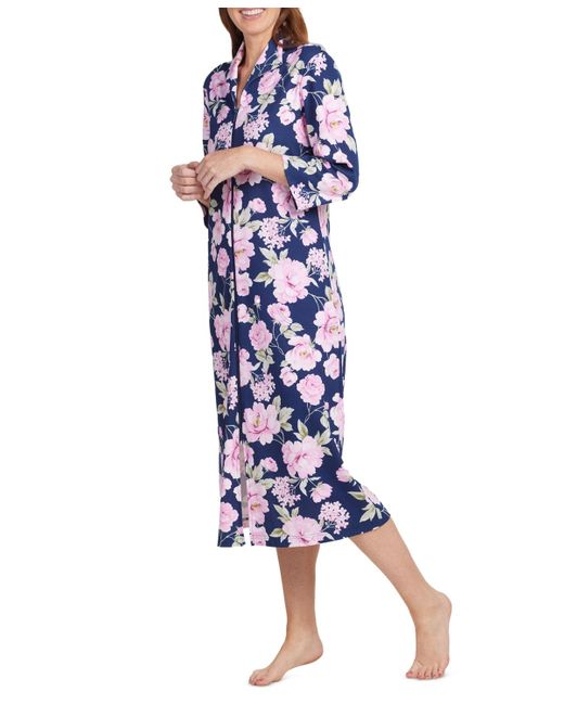 Miss Elaine Blue Floral-print Knit Long Zip Robe