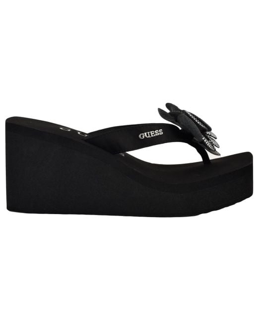 Guess Black Damani Rhinestone Flower Eva Platform Wedge Sandals