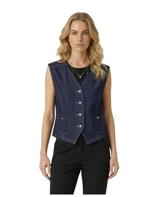 Modenaire Blue Denim Button-front Patch Pocket Vest