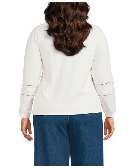 Lands' End White Plus Size Long Sleeve Slub Pintuck Top