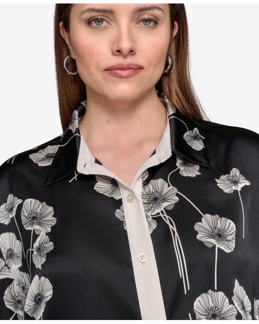 Karl Lagerfeld Black Plus Size Flower-print Button-down Shirt