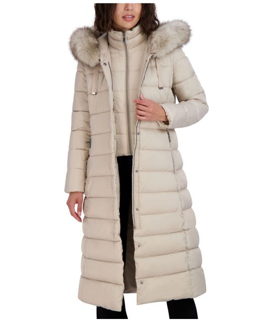 Tahari Faux-fur-trim Hooded Maxi Puffer Coat in Natural | Lyst