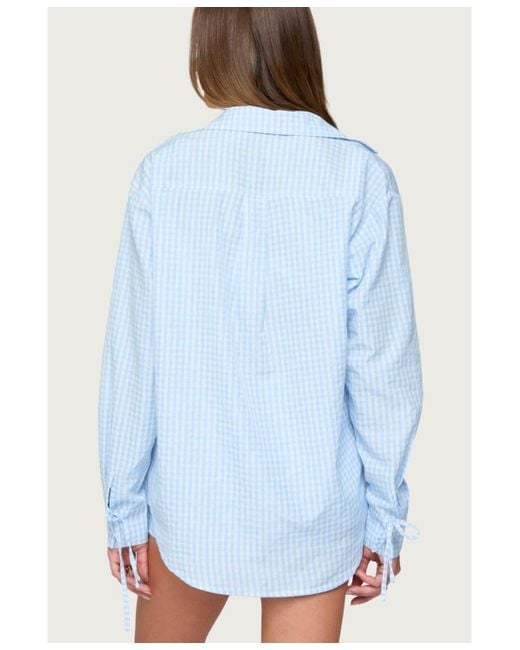 Edikted Blue Yaffa Oversized Gingham Button Up Shirt