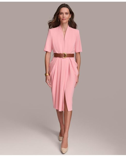 Donna Karan Pink V-neck Belted Short-sleeve Dress