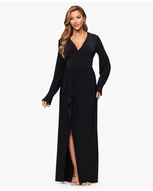 Xscape Women's Black V-neck Long Sleeve Dress