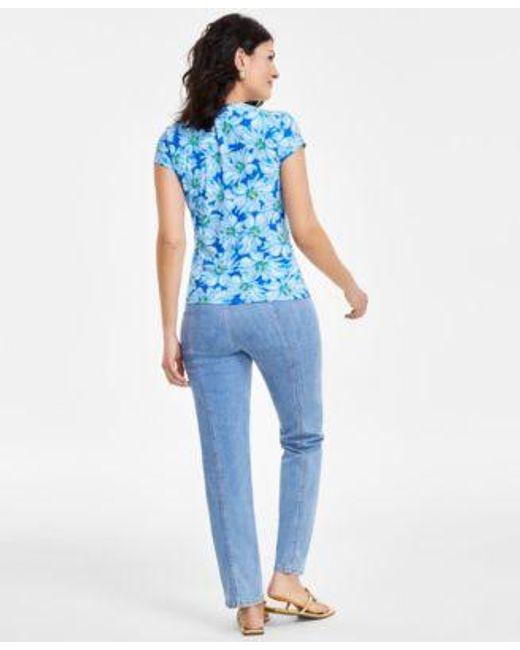 INC International Concepts Blue Printed Lace Up Front Top High Rise Seamed Straight Leg Jeans Created For Macys