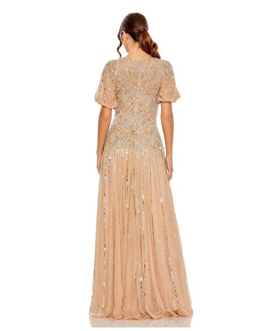 Mac Duggal Natural High Neck Puff Sleeve Embellished A Line Gown