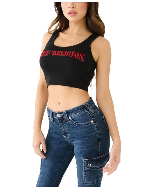 True Religion Blue Glitter Arched Logo Cropped Tank