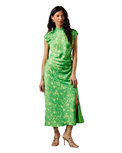 Warehouse Green Crinkle Satin Button Side Midi Dress