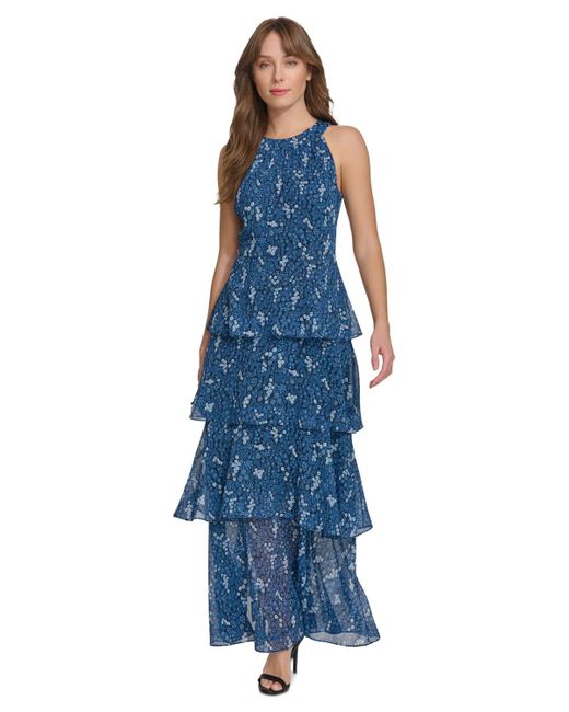 Tommy Hilfiger Blue Floral-print Tiered Maxi Dress