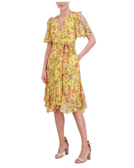 Jessica Howard Yellow Floral Chiffon Split-sleeve Dress
