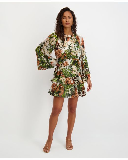 Kensie Green Printed Ruffled Volume-sleeve Tiered Dress