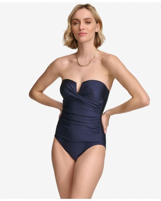 Calvin Klein Blue Shirred Tummy-control Split-cup Bandeau One-piece Swimsuit
