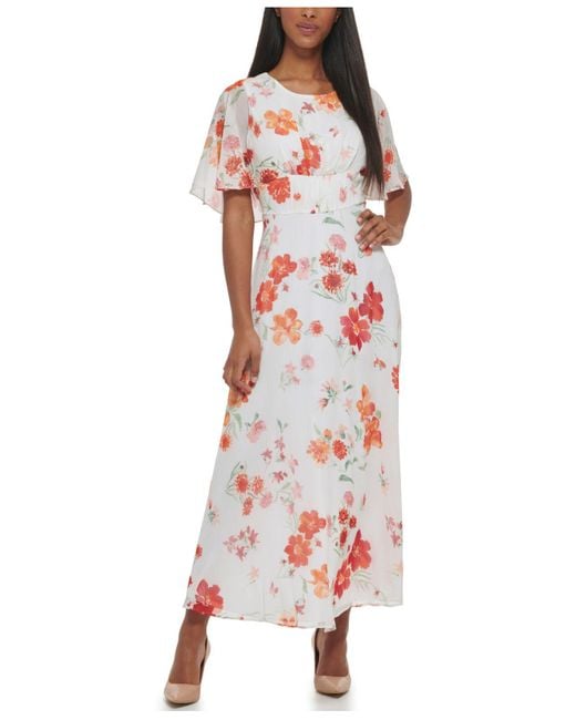 Calvin Klein Red Floral-print Flutter-sleeve Maxi Dress