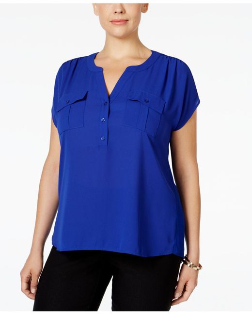 INC International Concepts Blue Inc Plus Size Mixed-media Utility Shirt, Created For Macy's