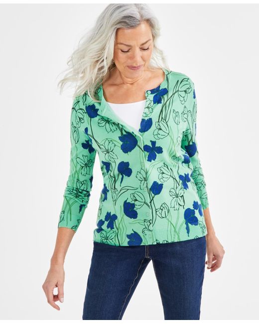 Style & Co. Green Printed Button-up Cardigan Sweater