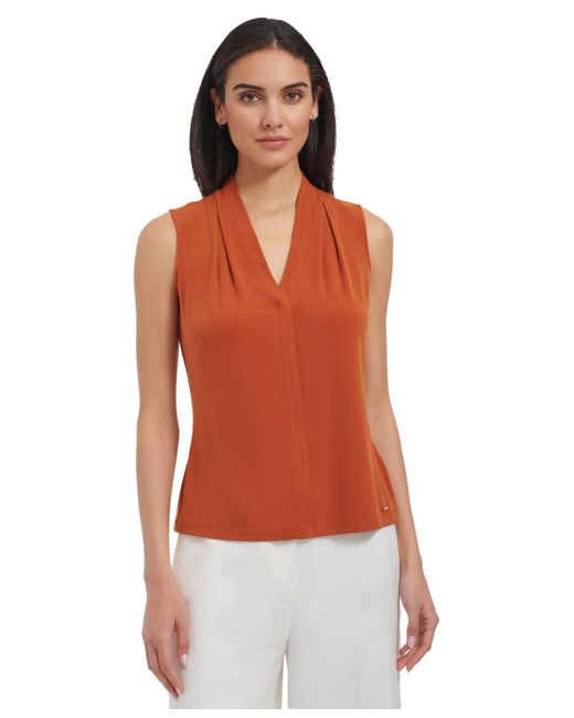 Calvin Klein Red Petite Solid V-neck Sleeveless Top