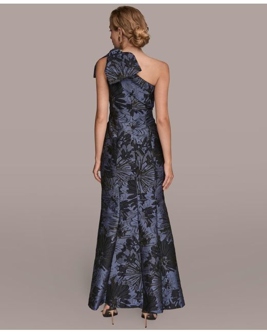 Donna Karan Blue Jacquard Bow-trim One-shoulder Gown