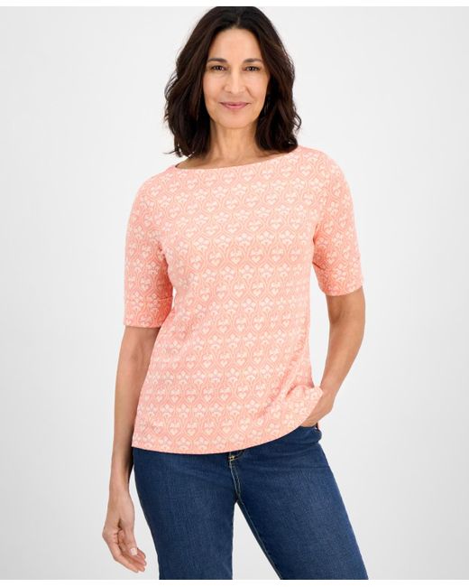 Style & Co. Blue Petite Bridge Geo Elbow-sleeve Knit Top