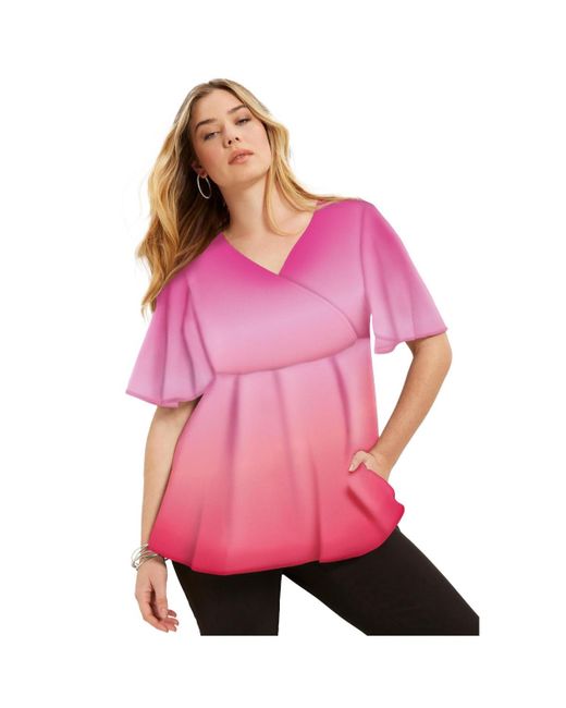 June + Vie Pink June + Vie Plus Size Faux Wrap Fit-and-flare Top