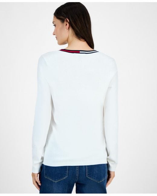 Tommy Hilfiger White Cotton V-neck Sweater