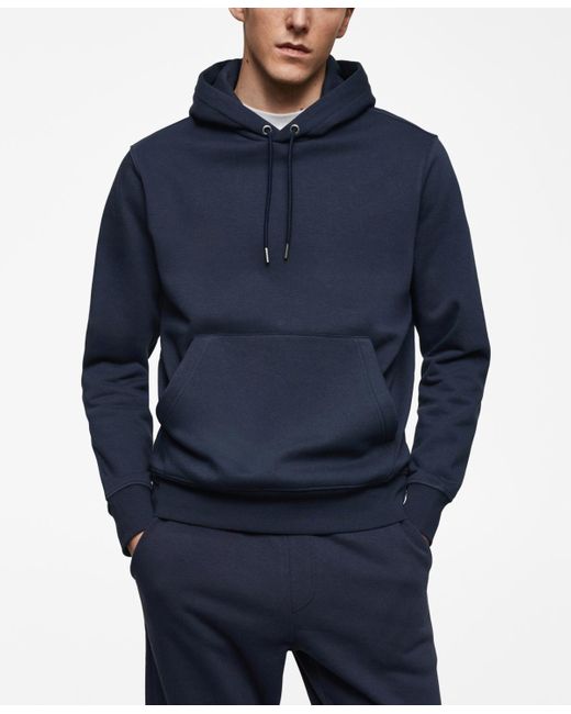 Mango Blue Cotton Kangaroo-hooded Sweatshirt for men