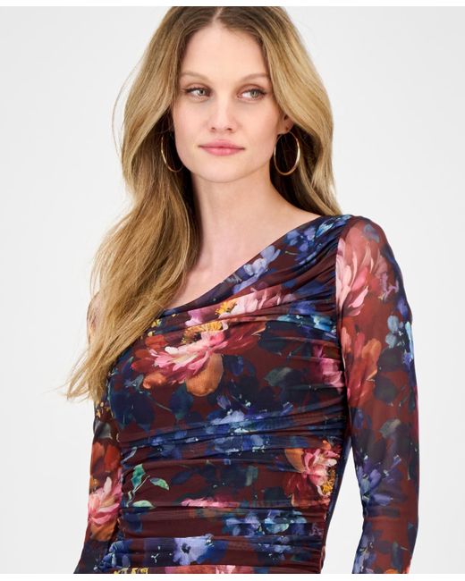 Guess Blue Bernardette Asymmetric Printed Mesh Top