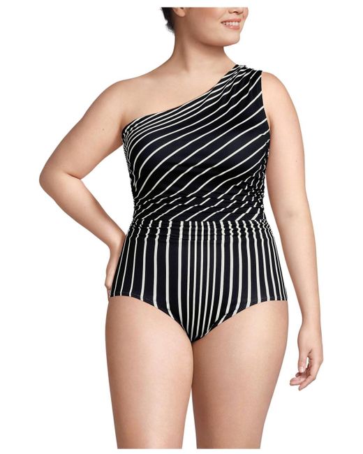 Lands' End Black Ruched One Shoulder Midkini Top
