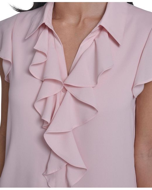 Calvin Klein Purple Solid Cap-sleeve Ruffle Front Top