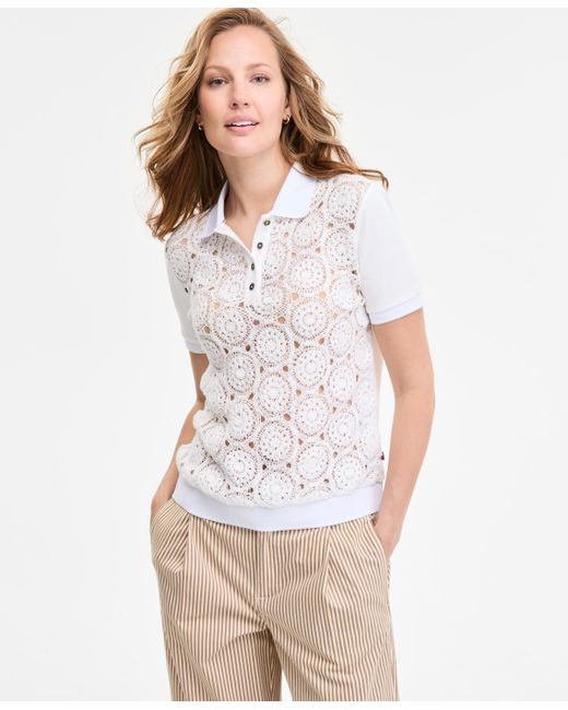 Tommy Hilfiger White Lace-front Short-sleeve Cotton Top
