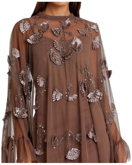 Mac Duggal Brown Embellished Long Flare Sleeve Mesh A-line Dress
