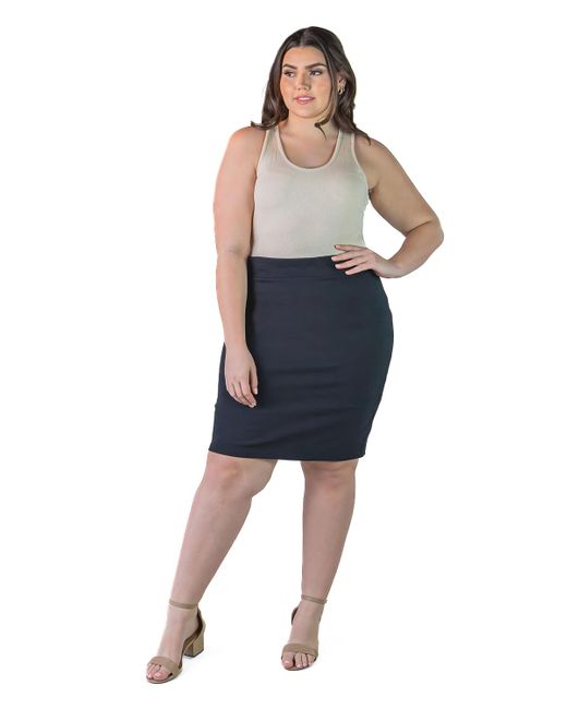24seven Comfort Apparel Blue Plus Size Solid Color Elastic Waist Knee Length Pencil Skirt