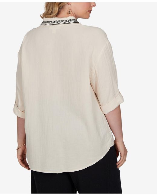 Ruby Rd Natural Plus Size Embroidered Gauze Button Front Top