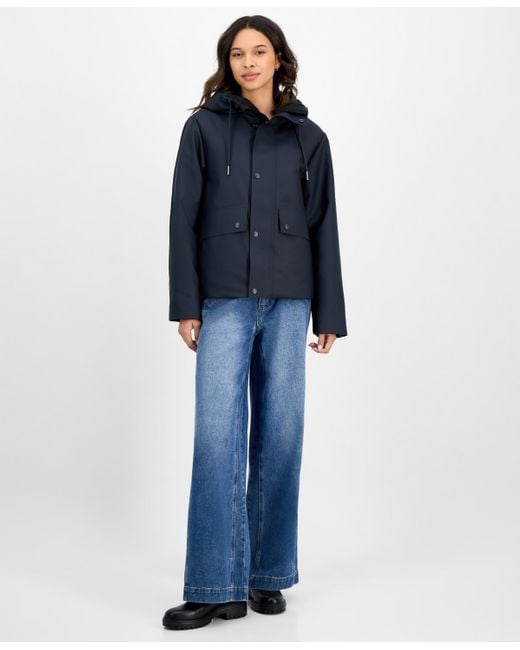 Rains Blue Snap-front Hooded Waterproof Jacket