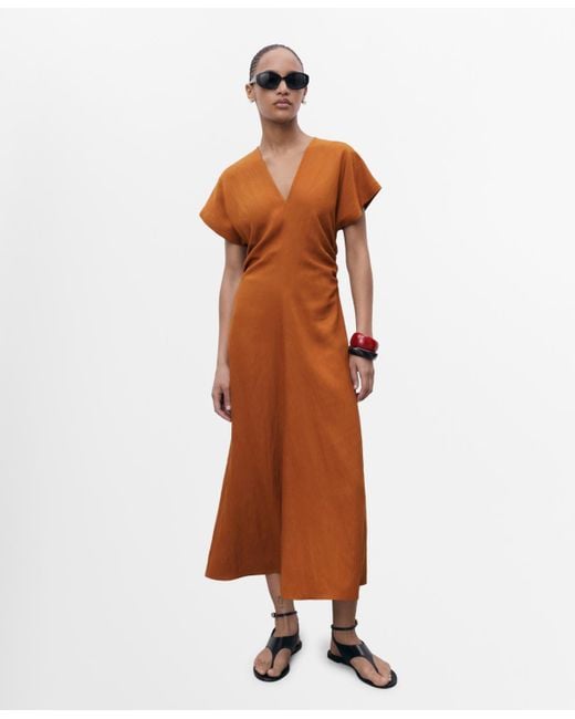 Mango Brown Gathered Waist Midi Dress