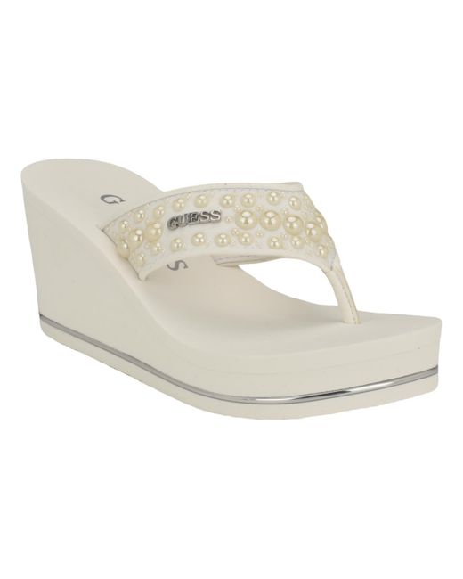 Guess White Silus Imitation Pearl Detail Thong Wedge Sandals