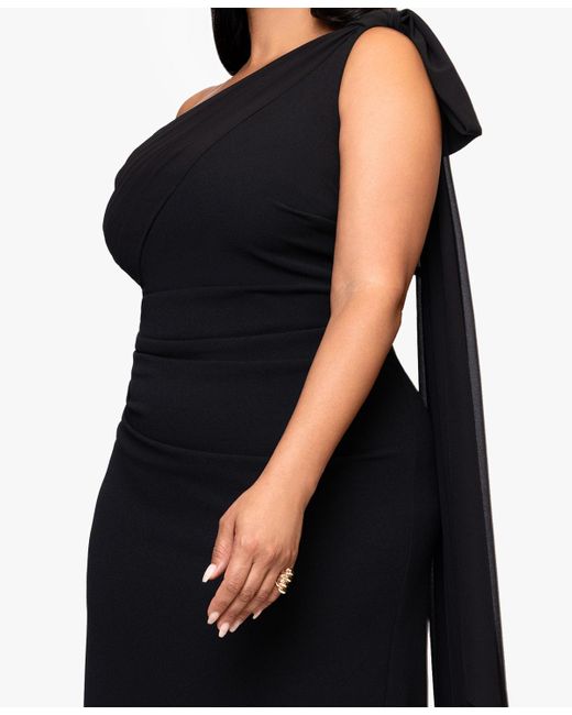 Xscape Blue Plus-size One-shoulder Sash Gown