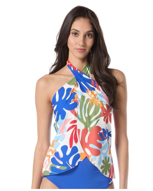 Vince Camuto Blue Printed Crossover Convertible Tankini Top