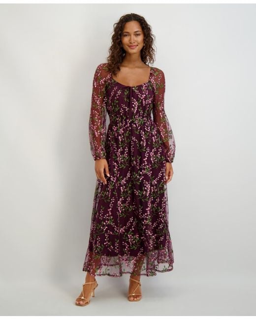 Kensie Sweetheart Neck Long Sleeve Embroidered Dress