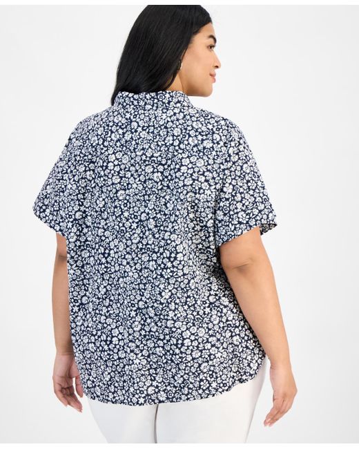 Tommy Hilfiger Blue Plus Size Cotton Ditsy-print Camp Shirt