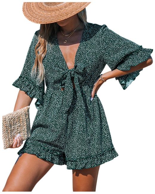 CUPSHE Green-and-white Polka Dot Front Tie Cutout Romper