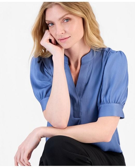 Anne Klein Blue Split-neck Puffed-sleeve Top