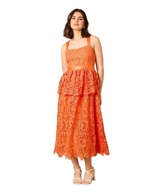 Oasis Orange Cross Strap Tiered Lace Midi Dress