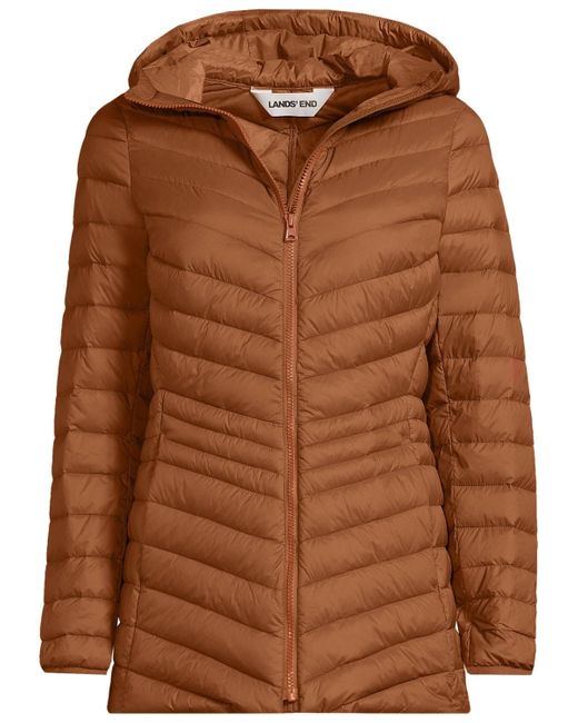 Lands' End Brown Plus Size Wanderweight Packable Down Hooded Long Jacket