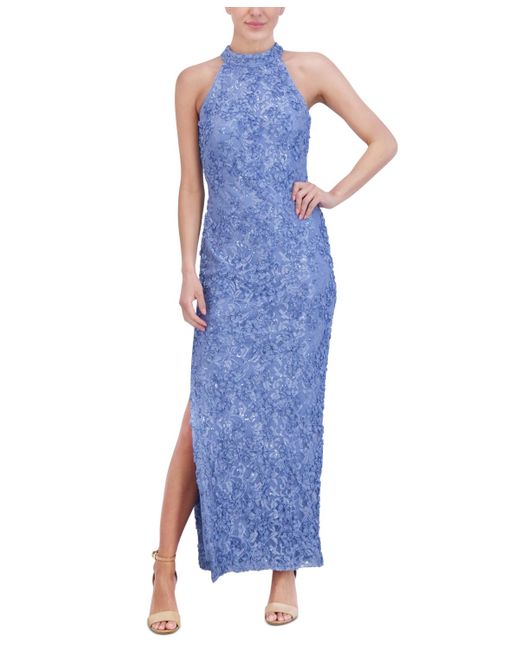 Jessica Howard Blue Embellished Lace Halter Gown