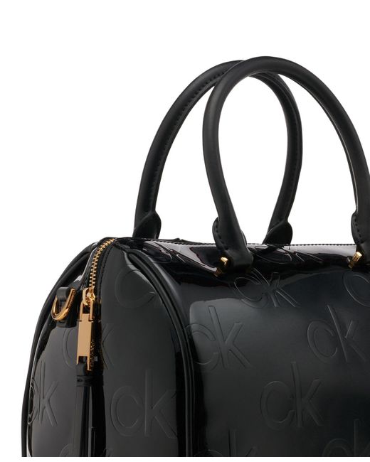 Calvin Klein Ashley Embossed Signature Top Zipper Satchel in Black