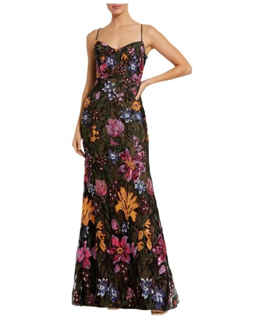 Mac Duggal White Spaghetti Strap Floral Embroidered Gown