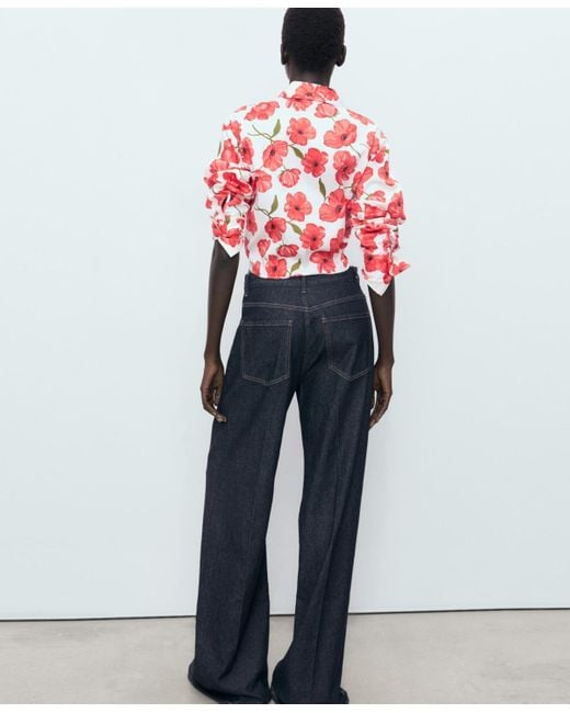 Mango Red Floral-print Poplin Shirt